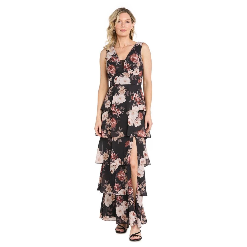 R&M Richards Black Floral Tiered Maxi Dress V-Neck Sleeveless Women's 8 NWOT